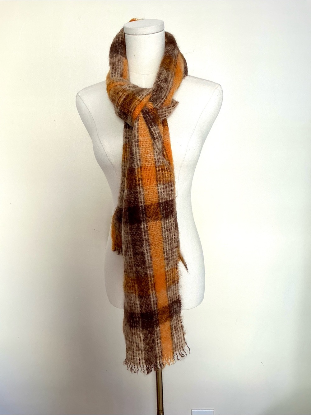 Vintage Donegal Design Cream Brown Orange Handwoven Mohair Wool Winter Scarf